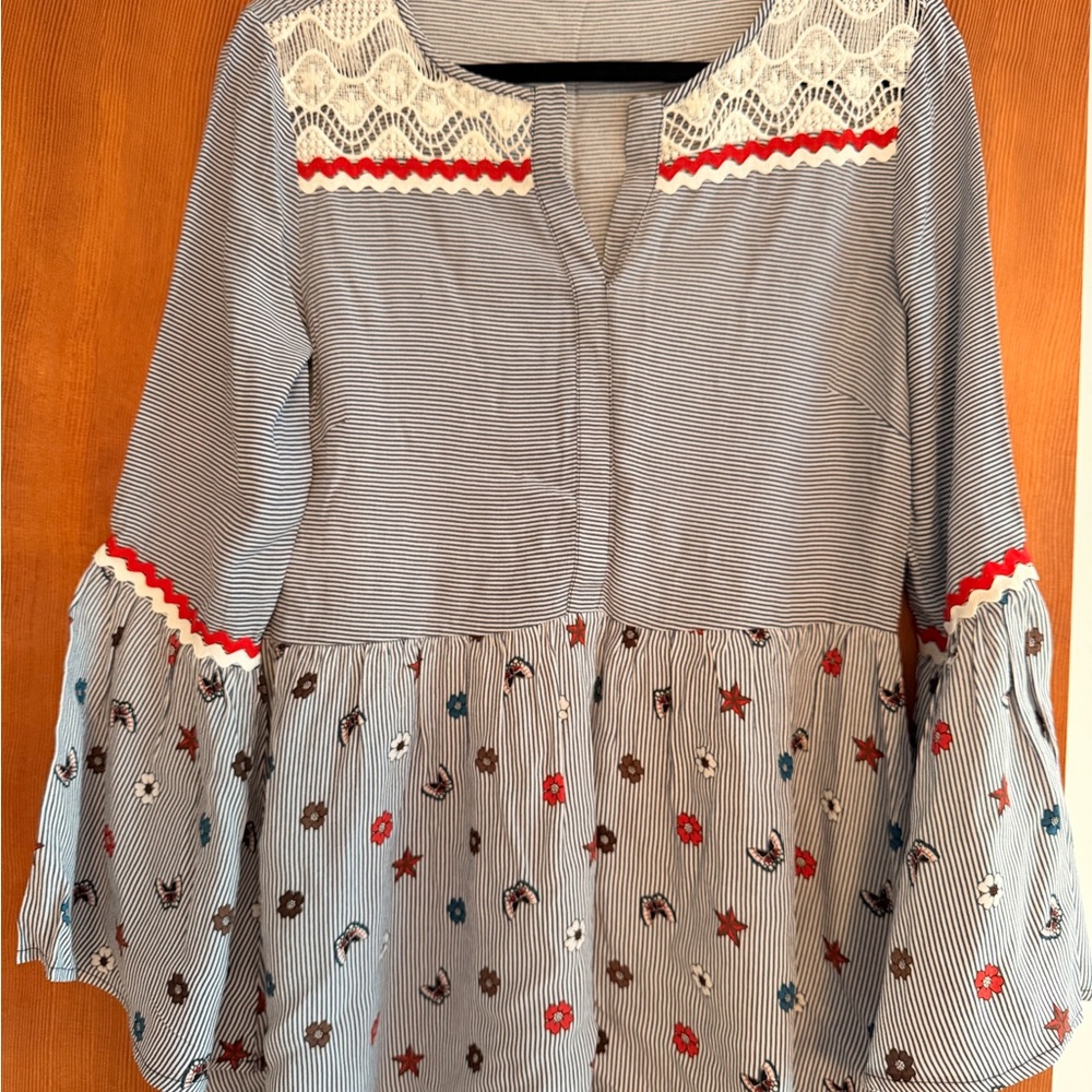 Desigual Blue Striped Top with Red Floral Accents